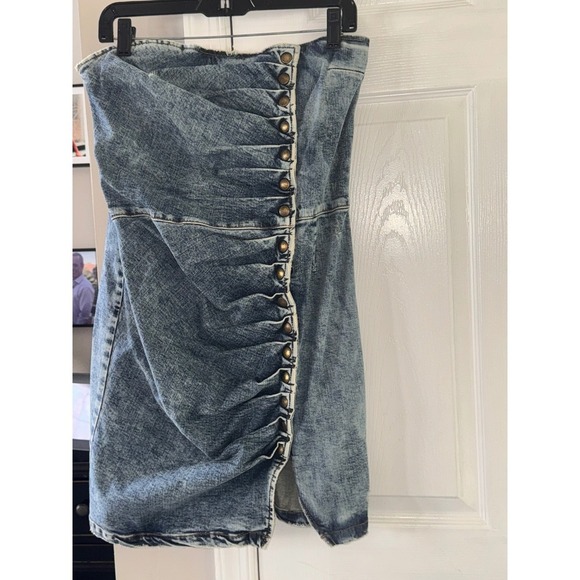 Retroféte Denim Mini Dress Strapless Button Front Slit Acid Wash XL - Picture 6 of 12